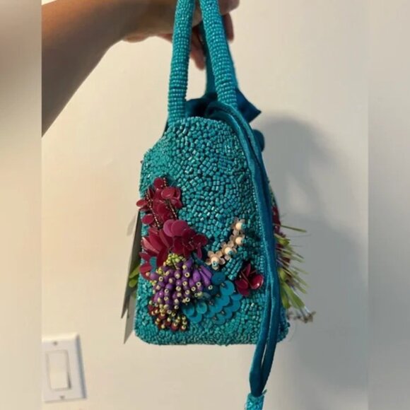 Viral Tik Tok Beaded Handbag Made in India Teal Blue Floral NWT - Picture 4 of 6